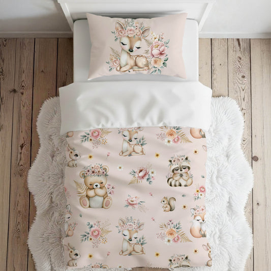 Literie pour lit simple | Douce forêt fond rose gros motif