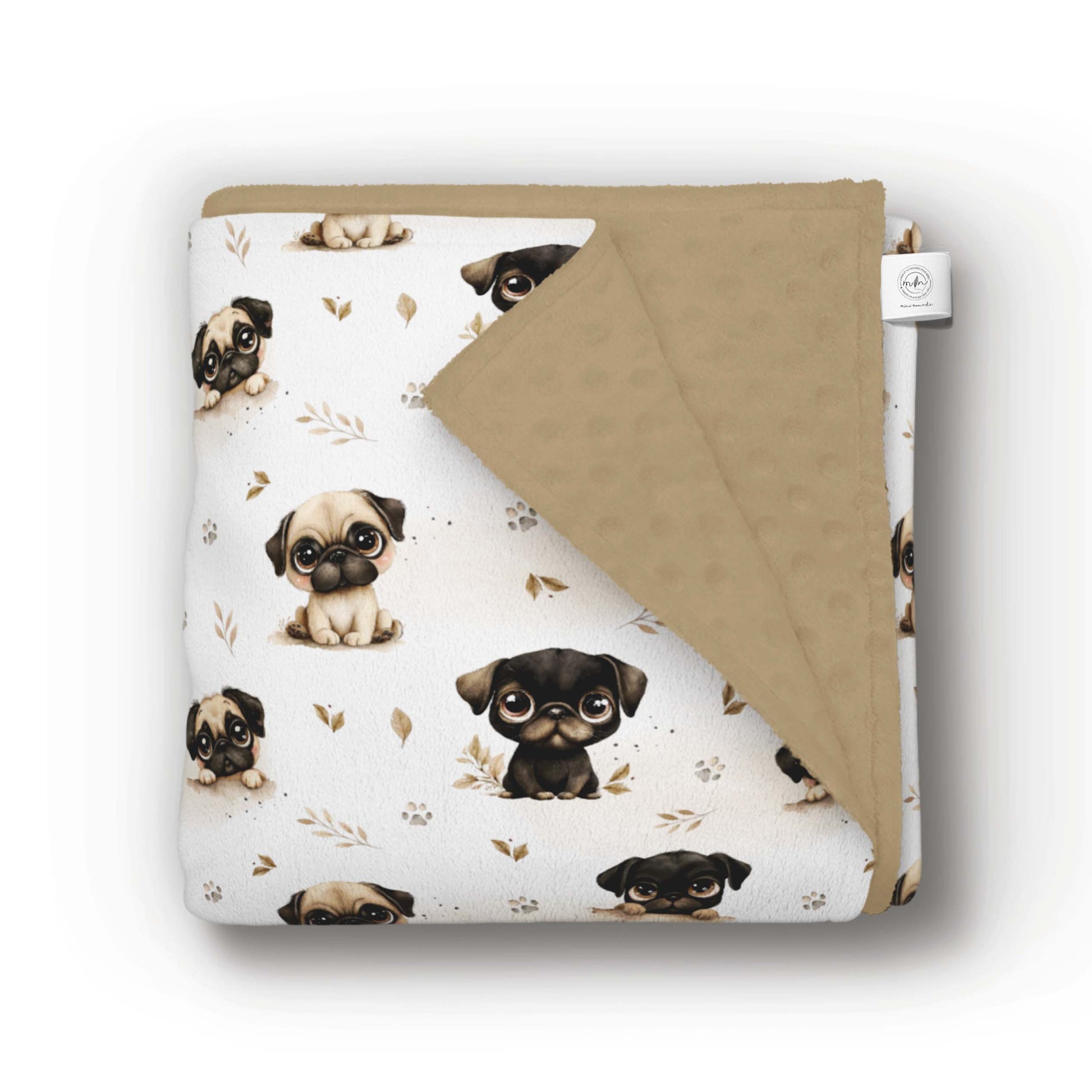 Doudou  couverture bébé en minky beige avec motifs de petits carlins mignons, couverture douce Mini Nomade, pugs