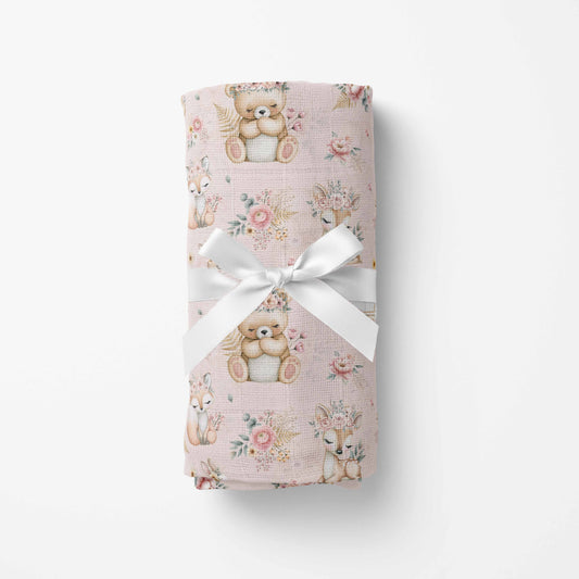 Couverture en mousseline de bambou | Douce forêt fond rose
