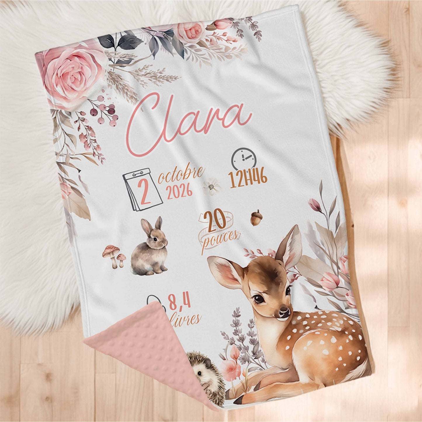 Couverture en minky personnalisée | Forêt Rosée infos de naissance