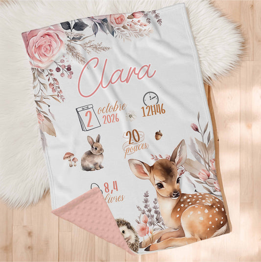 Couverture en minky personnalisée | Forêt Rosée infos de naissance