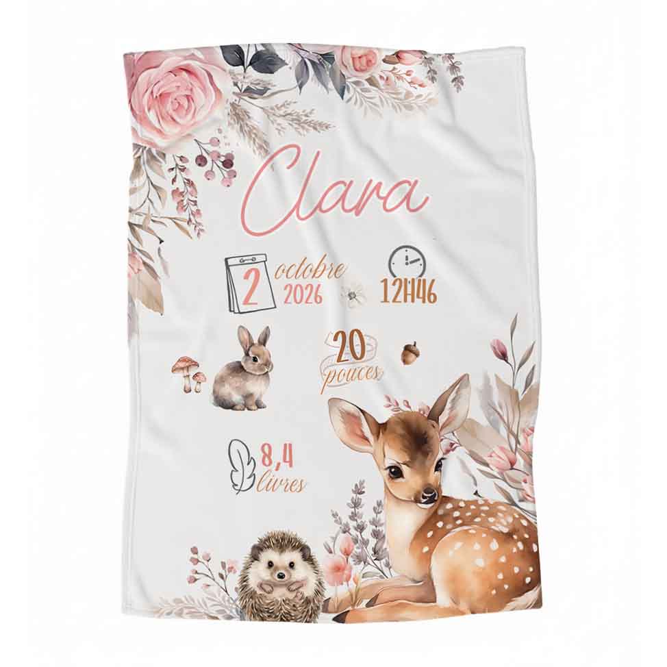 Couverture en minky personnalisée | Forêt Rosée infos de naissance