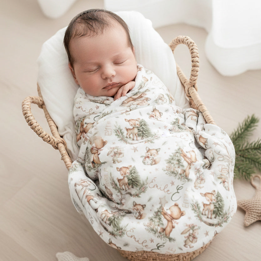 Couverture en mousseline de bambou | Ourson et sapin prénom répétitif