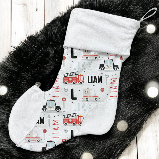 Bas de Noël | Véhicules d'urgence prénom répétitif