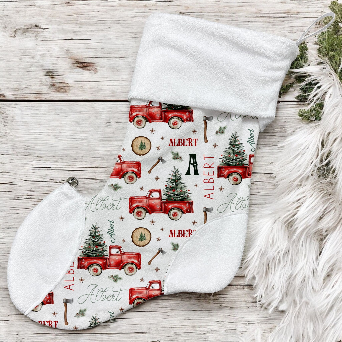 Bas de Noël | Camions rouges et sapins prénom répétitif