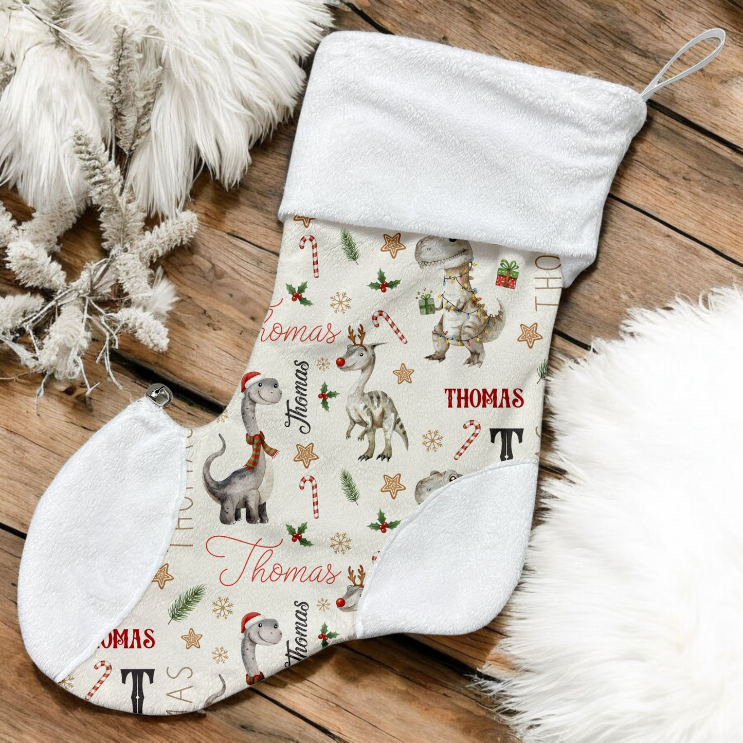 Bas de Noël | Dinosaures gris de Noël prénom répétitif