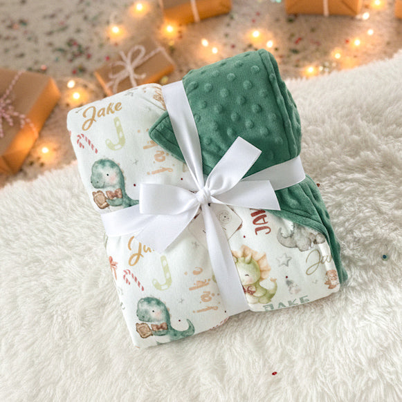 Couverture en minky | Dinos de Noël prénom répétitif