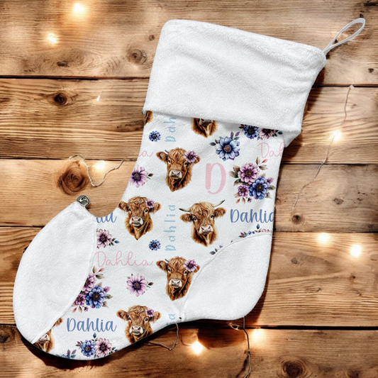 Bas de Noël | Vache Highland bleu azur prénom répétitif