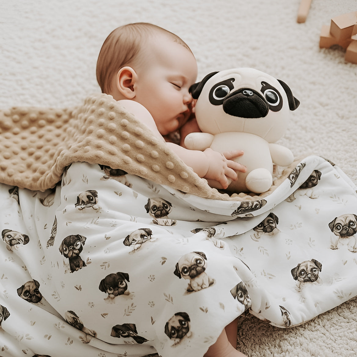 Doudou en minky | Mignons Pugs beige et noirs