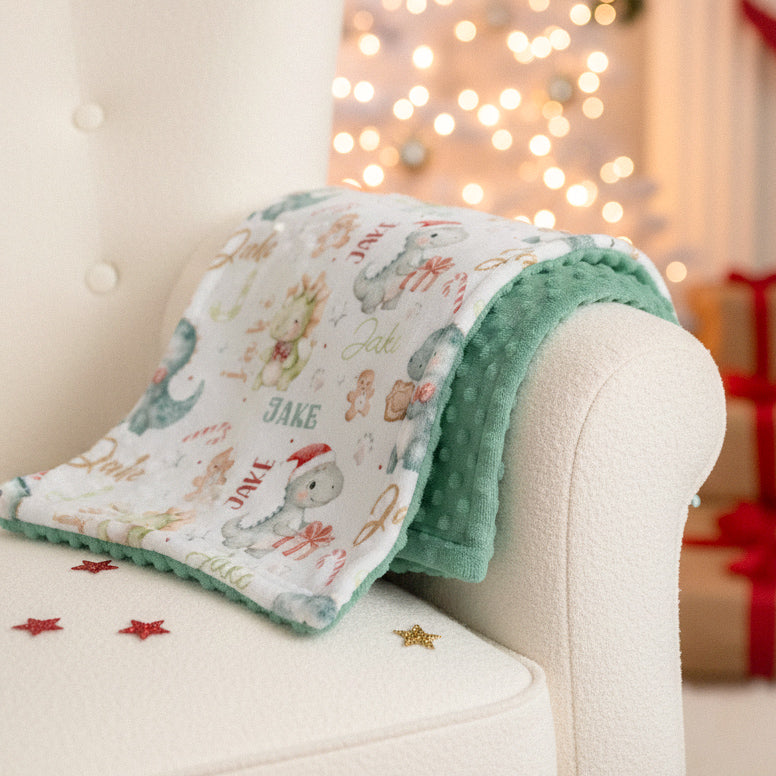 Couverture en minky | Dinos de Noël prénom répétitif