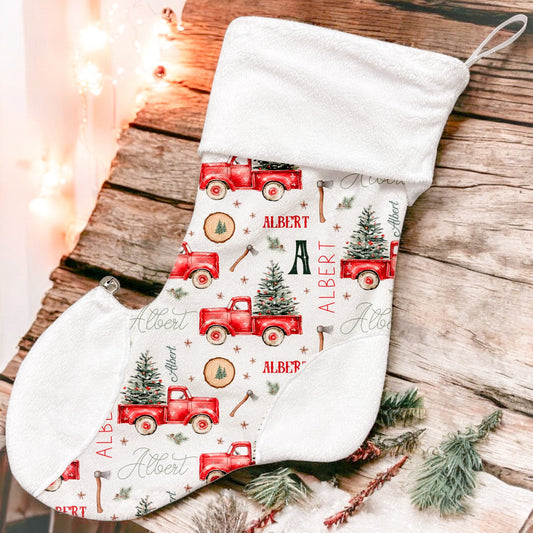 Bas de Noël | Camions rouges et sapins prénom répétitif