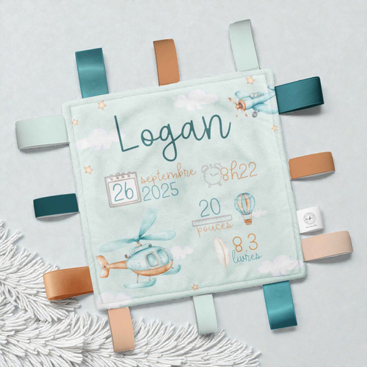 Doudou-étiquettes personnalisée | Aventures dans les airs avec infos de naissance