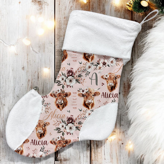 Bas de Noël | Vache Highland Mille et une fleurs prénom répétitif