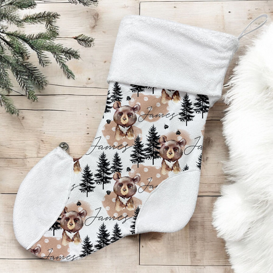 Bas de Noël | Sapins et ours brun prénom répétitif