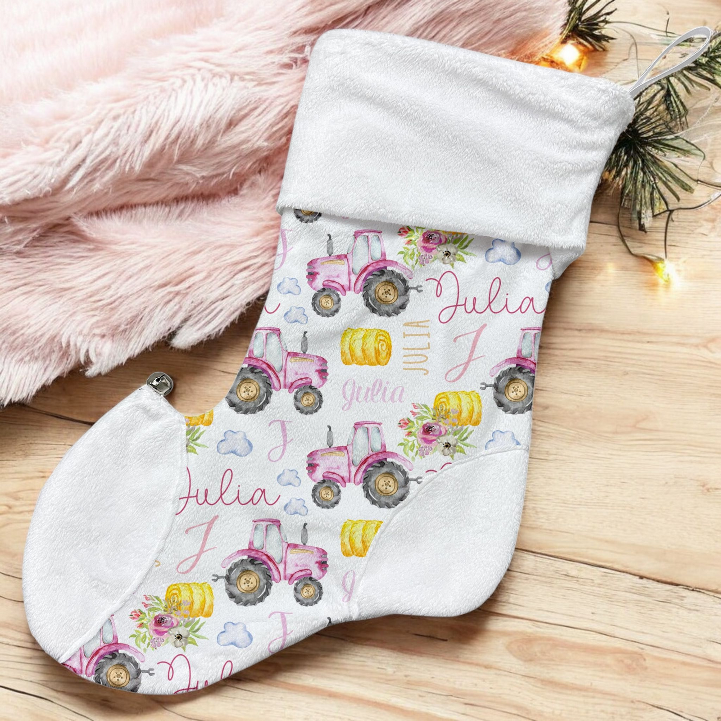Bas de Noël | Tracteur Rose prénom répétitif