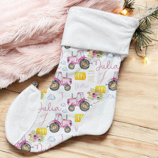 Bas de Noël | Tracteur Rose prénom répétitif