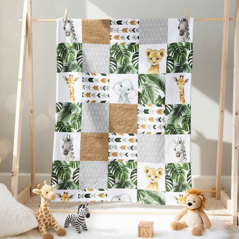 Couverture bébé patchwork safari jungle animaux Afrique lion zèbre girafe éléphant décoration chambre enfant