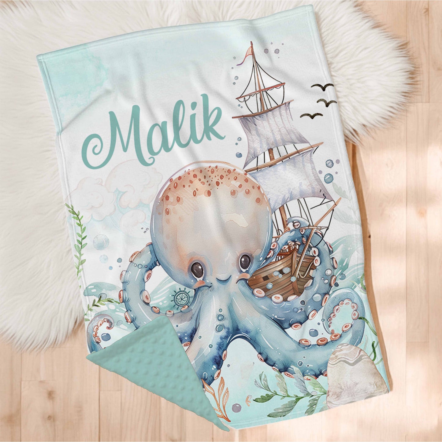 Couverture en minky personnalisée | Pieuvre et Voilier avec prénom