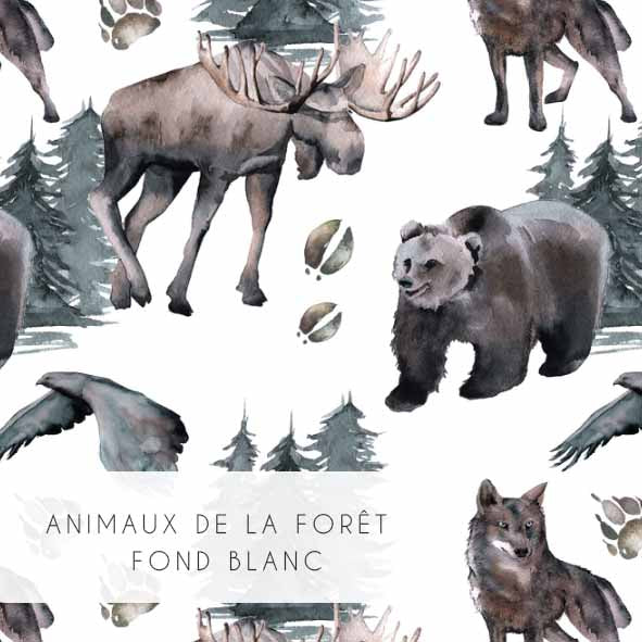 Tissu | Animaux de la forêt fond blanc