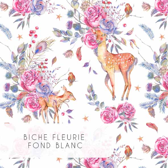 Tissu | Biche fleurie fond blanc