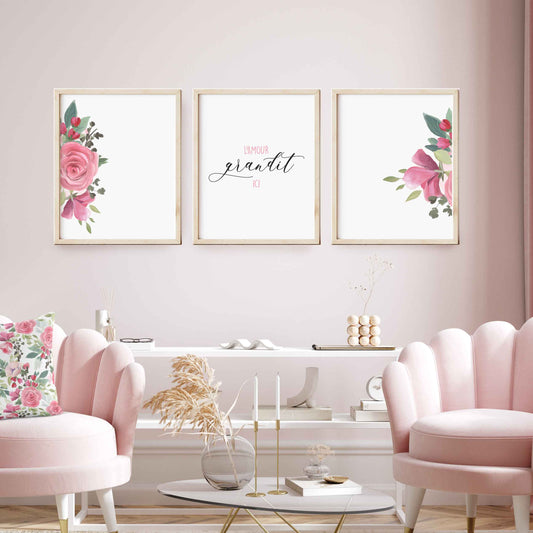 Ensemble de trois affiches numériques | Fleurs Flamant Rose