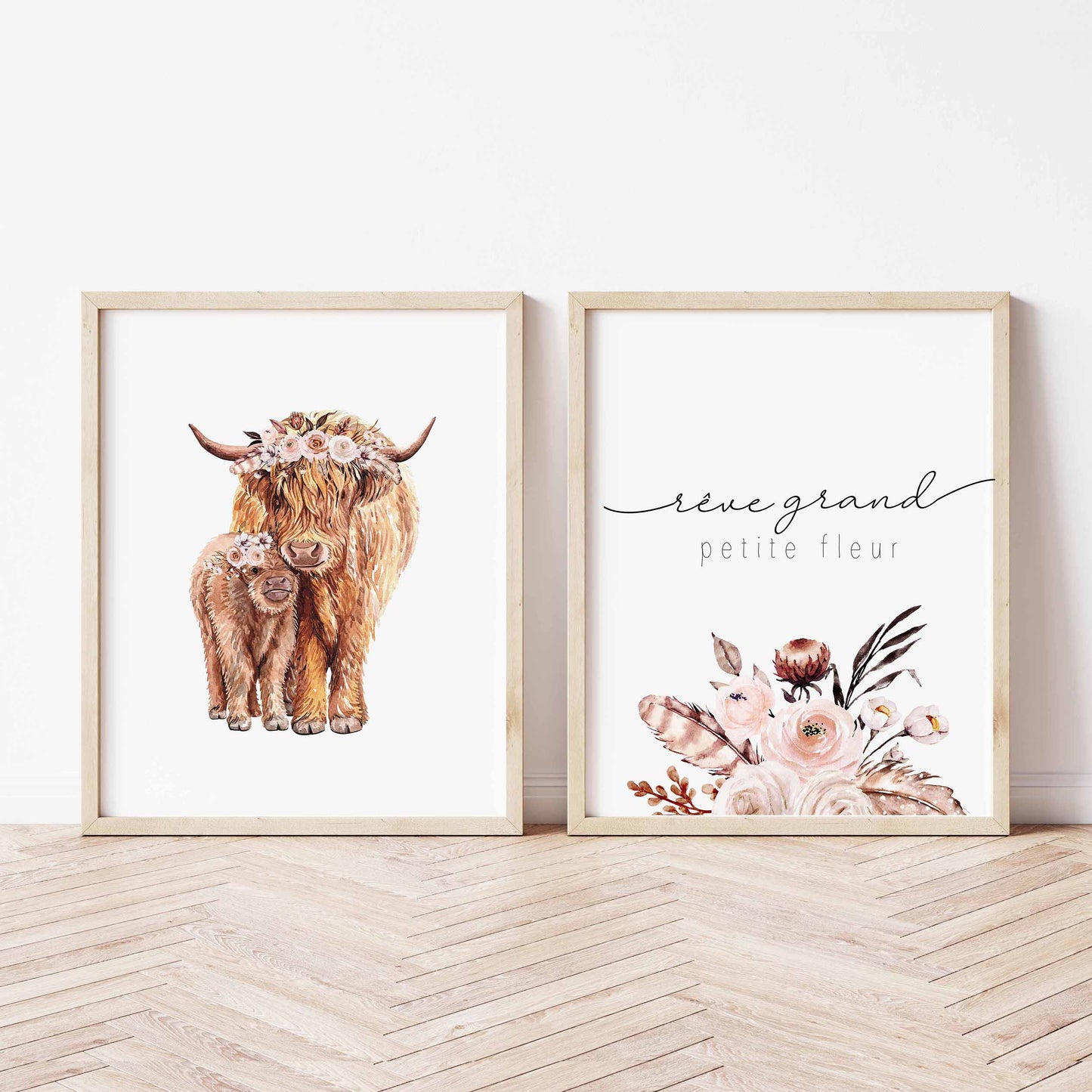 Ensemble de deux affiches numériques  | Vaches Highland et Fleurs Latté