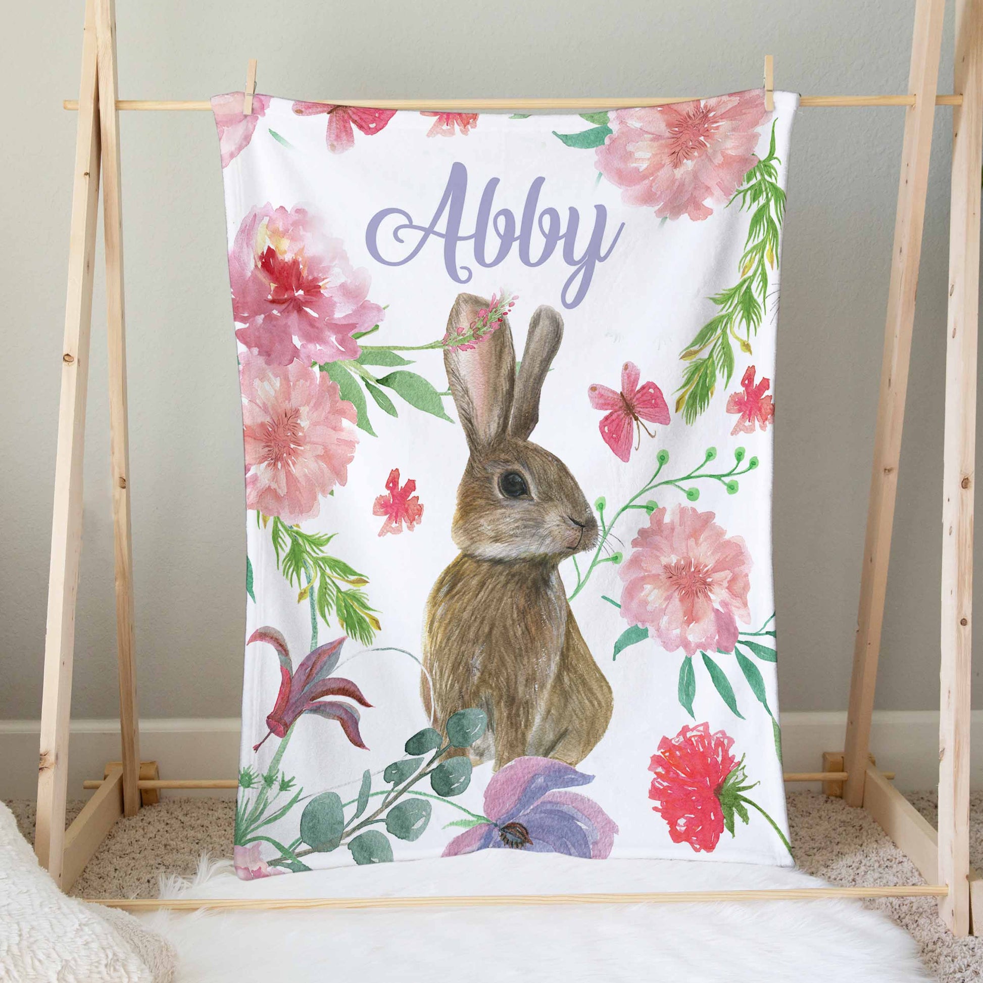 Couverture personnalisée bébé lapins fleurs/minky rose
