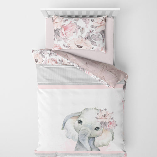 Couverture de lit simple | Panneau Éléphant fleurs saumon