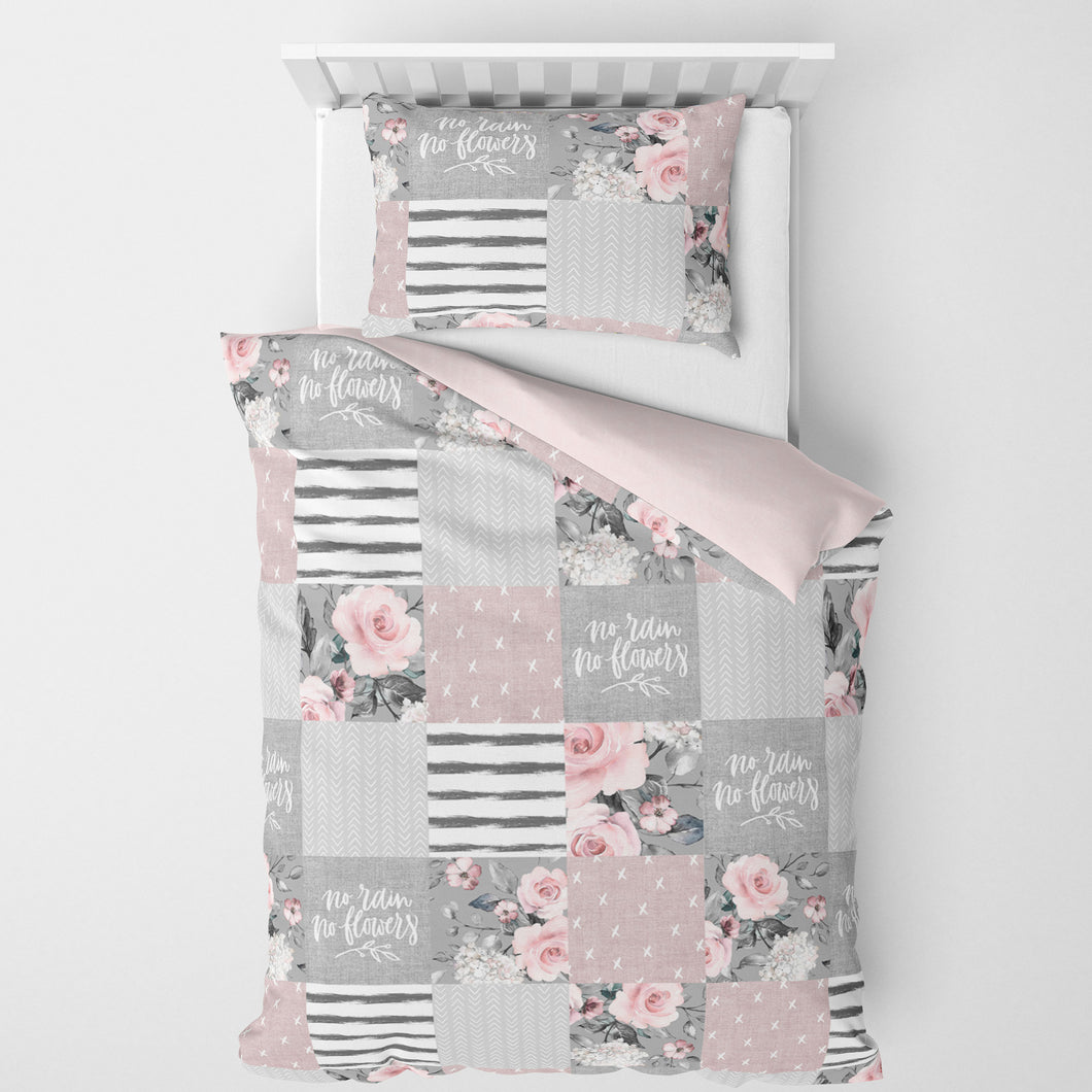 Couverture de lit simple | Fleurs grises patchwork